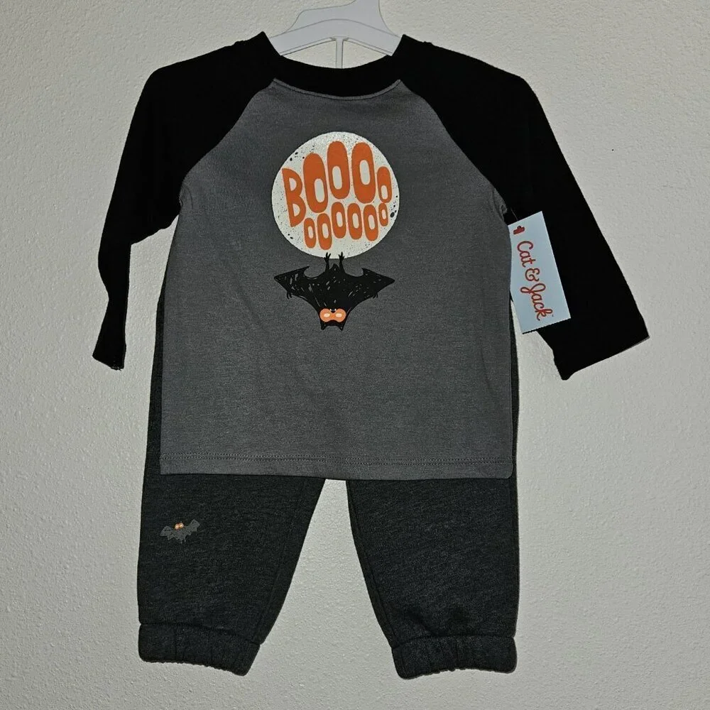 NEW Boo Bats Halloween Outfit Shirt Pants Baby 12 Months Black Gray Cat & Jack